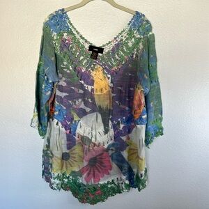 NWOT Rain Colorful Floral Print Crochet Tunic Top Blouse sz L